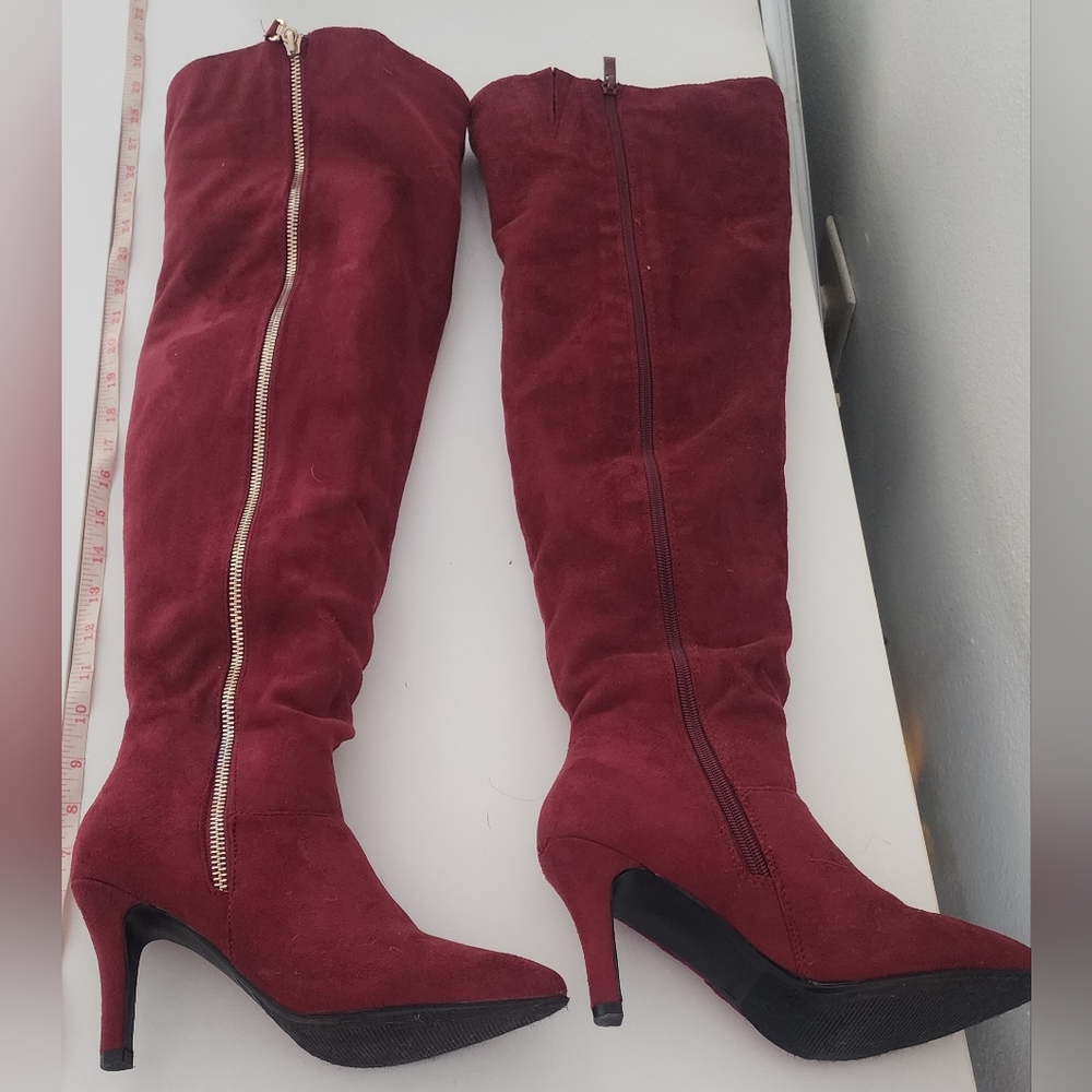 Burgundy Forever over the knee boots size 6. Feels like a soft suede material. - Picture 1 of 7